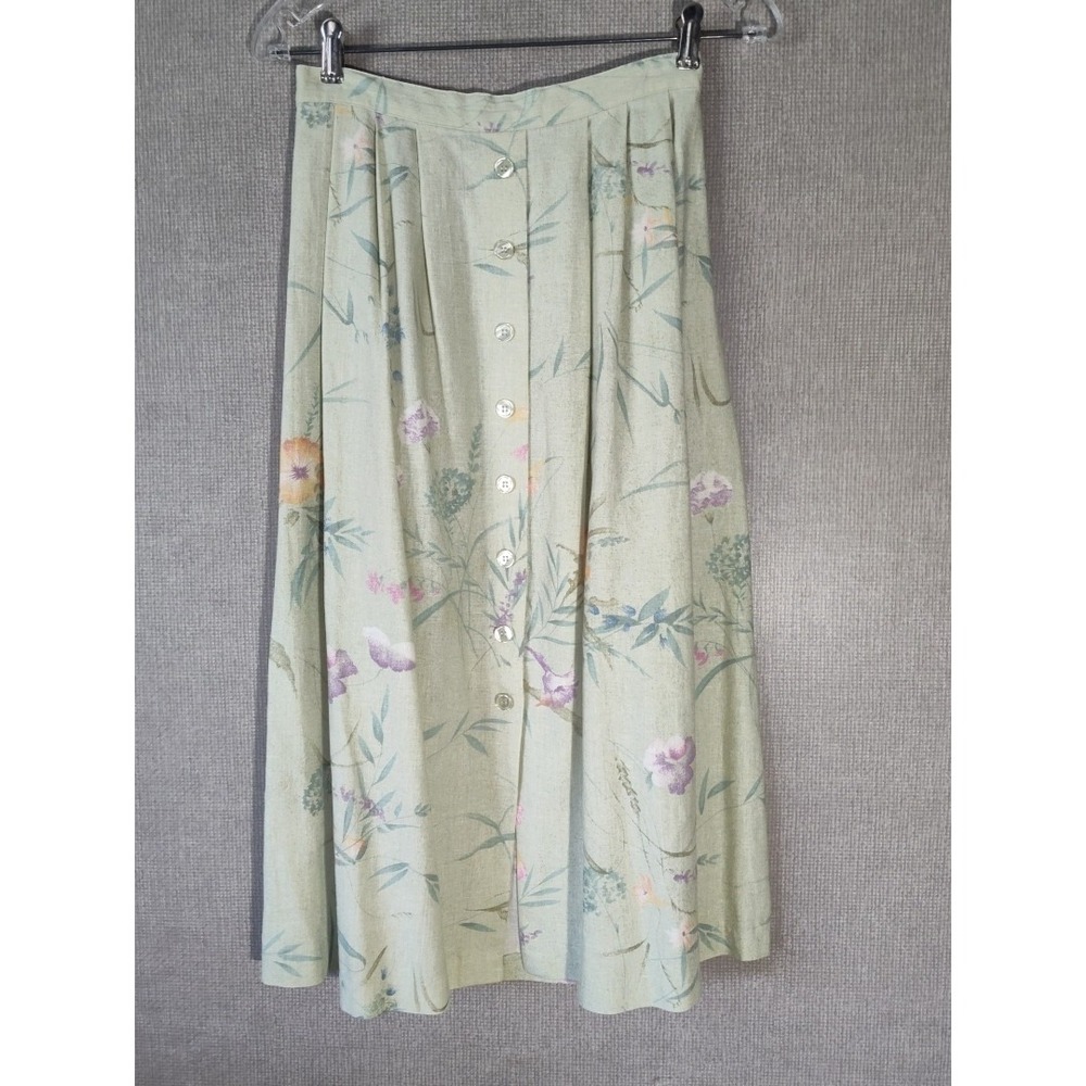Alfred Dunner Skirt Petite Size 8P Green Floral Linen Blend Vintage Flowers